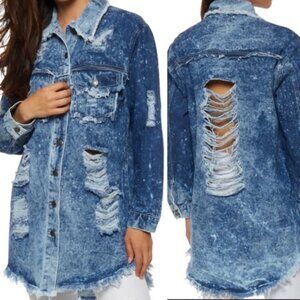 NEW THRILL Destroyed Long Denim Jacket Sz M